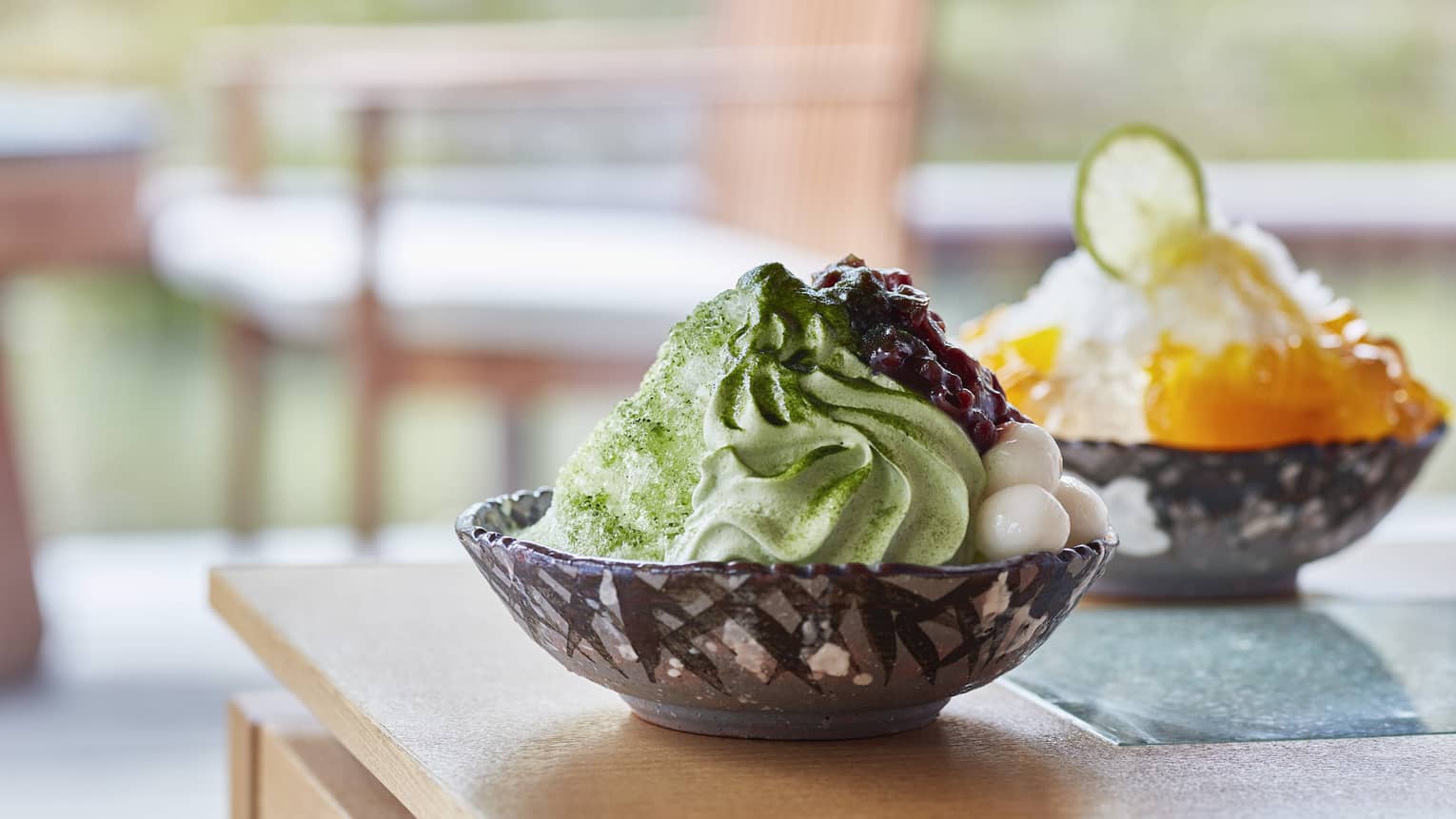Shaved ice with matcha, yuzu, sweetened bean paste and rice flour dumplings