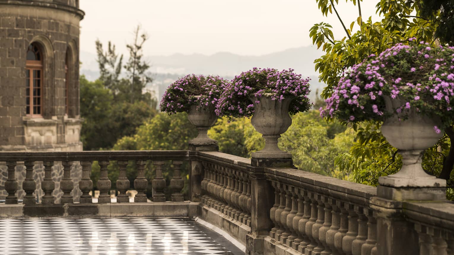 Purple flowers in stone planters along stone balcony overlooking gardens