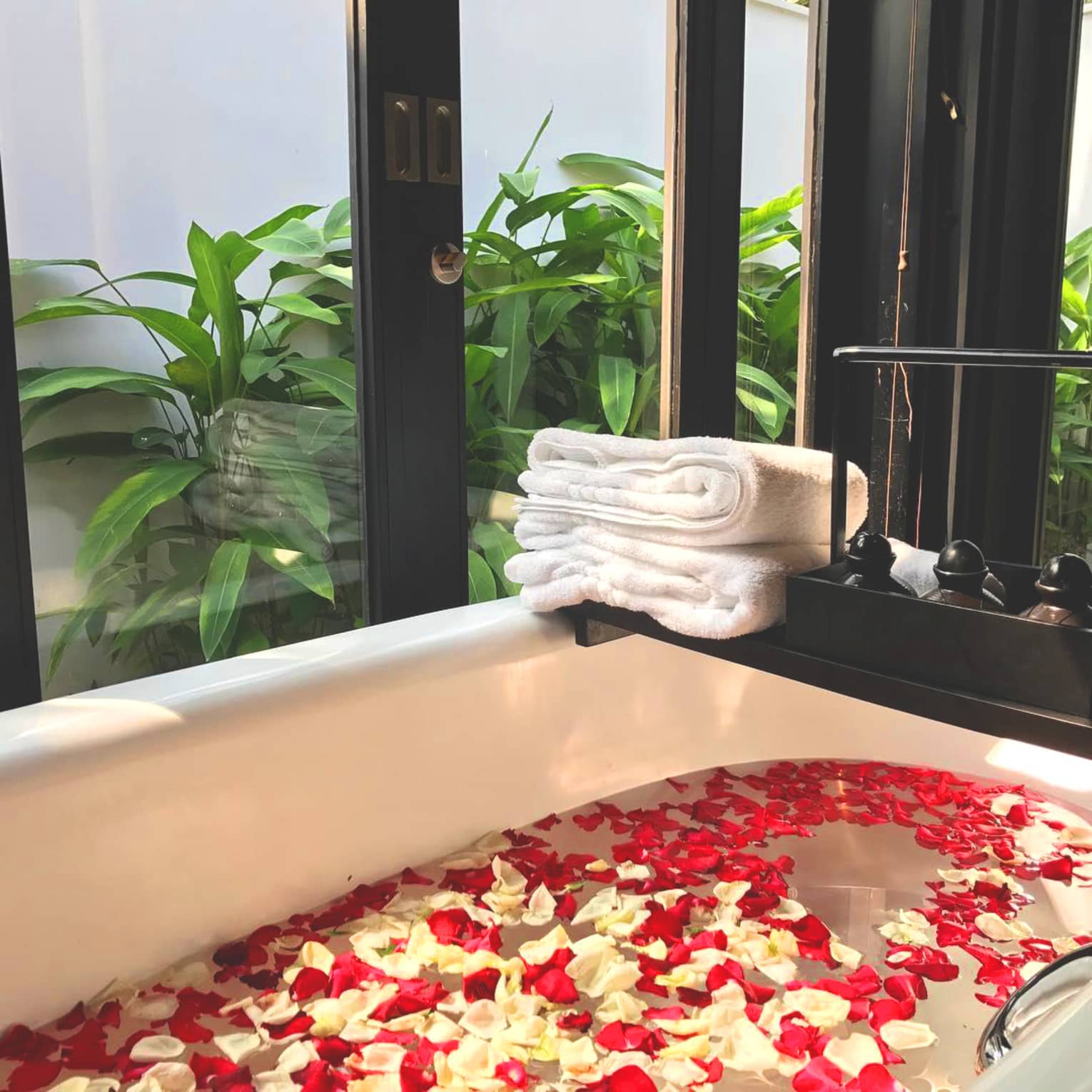Fresh red and yellow flower petals in tub, folded white towels on side 