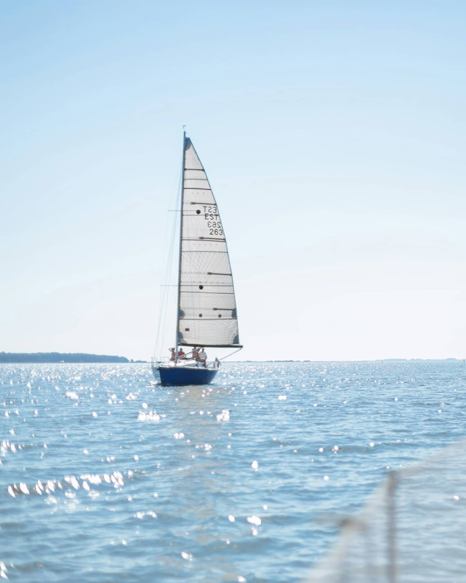 In the foreground, a passenger on the deck of a boat watches a distant sailboat over sparkling water in the bright sun.