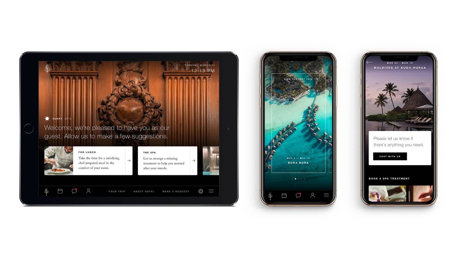 Image of tablet device displaying guest services welcome screen and two mobile phones with trip details