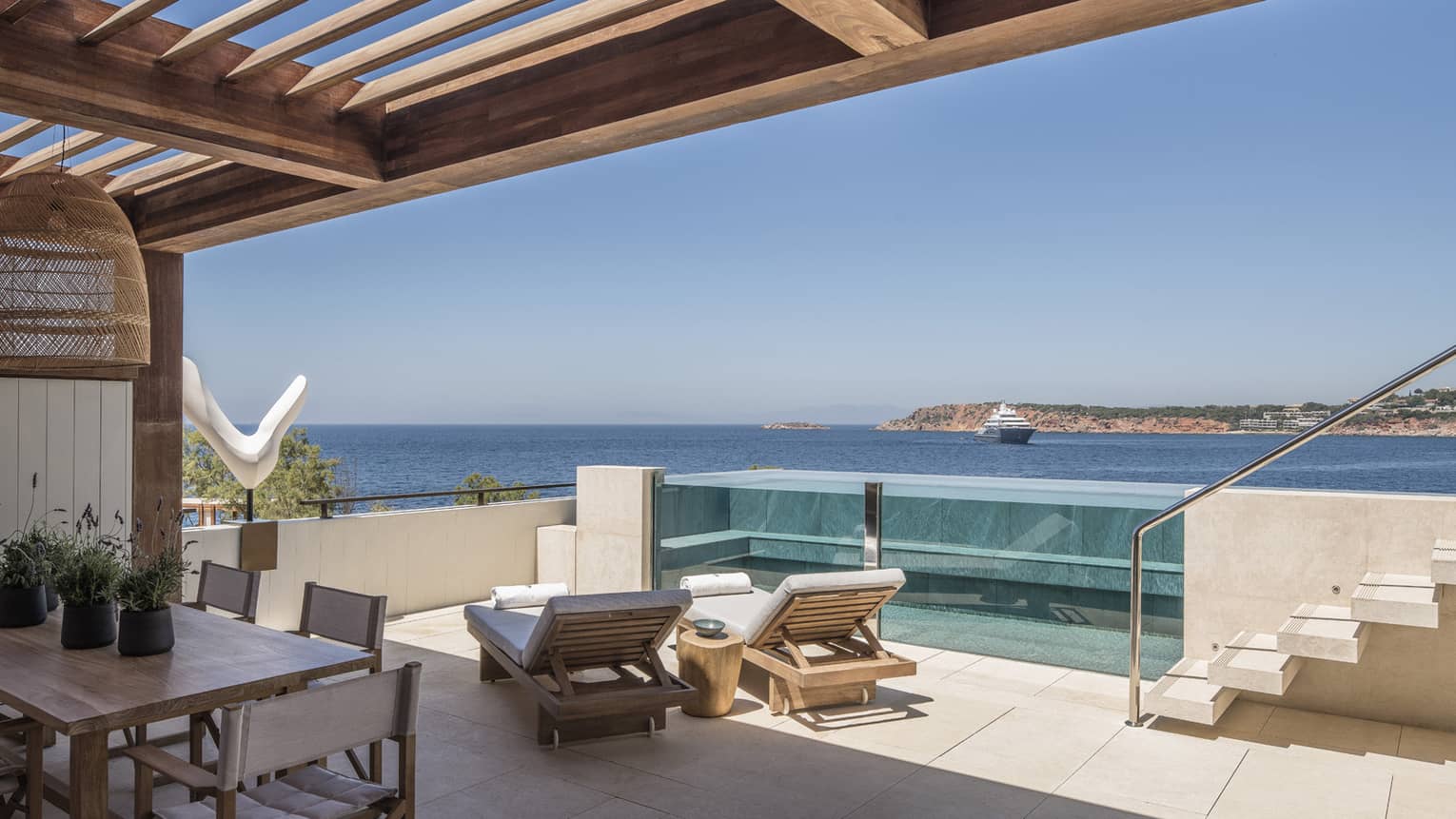 Nafsika One Bedroom Terrace Suite with Pool, lounge chairs, dining table, stairs, ocean views,Suite with private pool, lounge chairs, dining table, stairs, ocean views