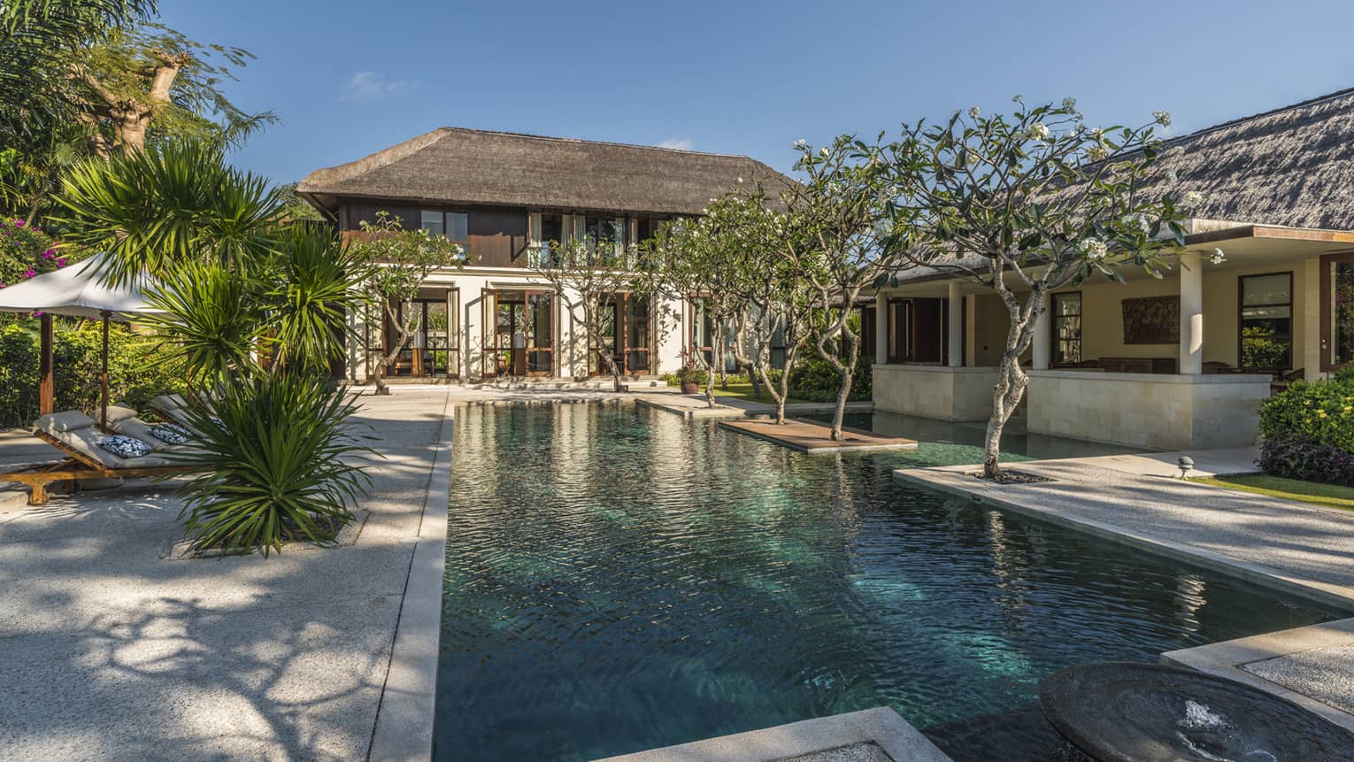 A long private pool and lounge area lined with tropical trees