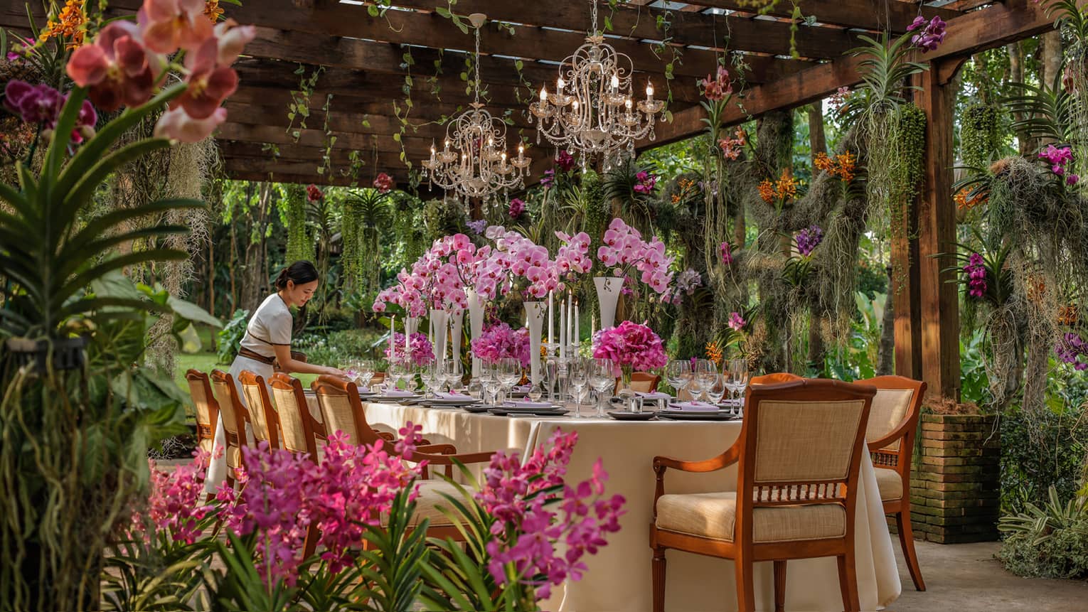 Hotel staff sets large formal dining table in tropical garden, large pink flowers under small crystal chandeliers