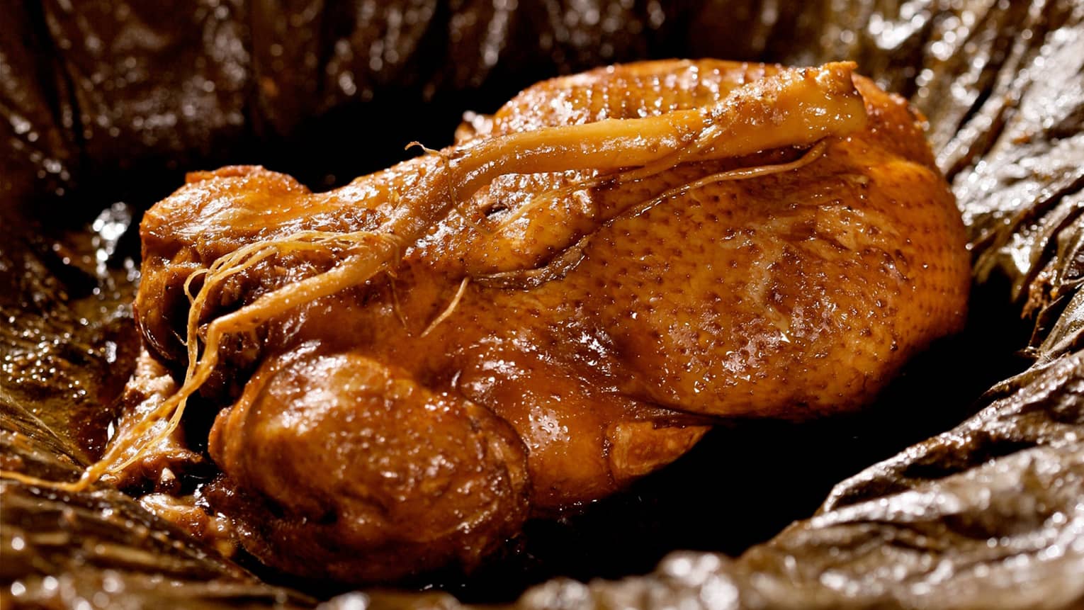 close-up of stuffed whole beggars chicken