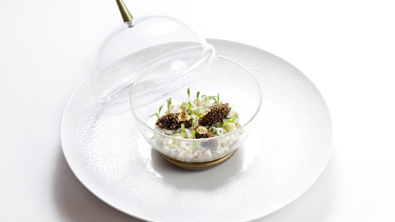 Elegant seafood dish with prestige caviar and microgreens, served in a glass bowl with a lid, presented on a textured white plate.