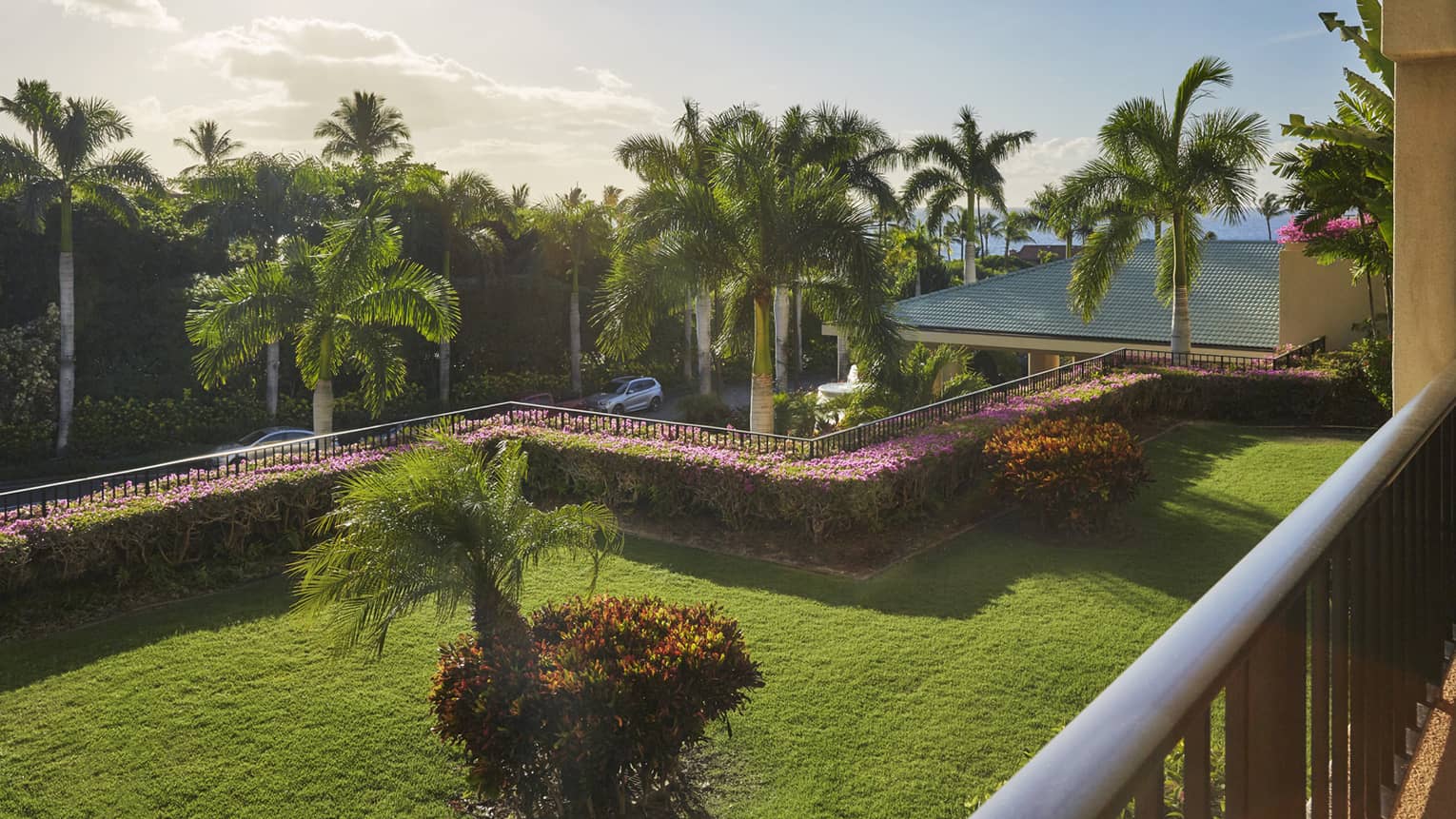 Lush resort garden with green lawn, palm trees and flowering shrubs, overlooking tropical landscape
