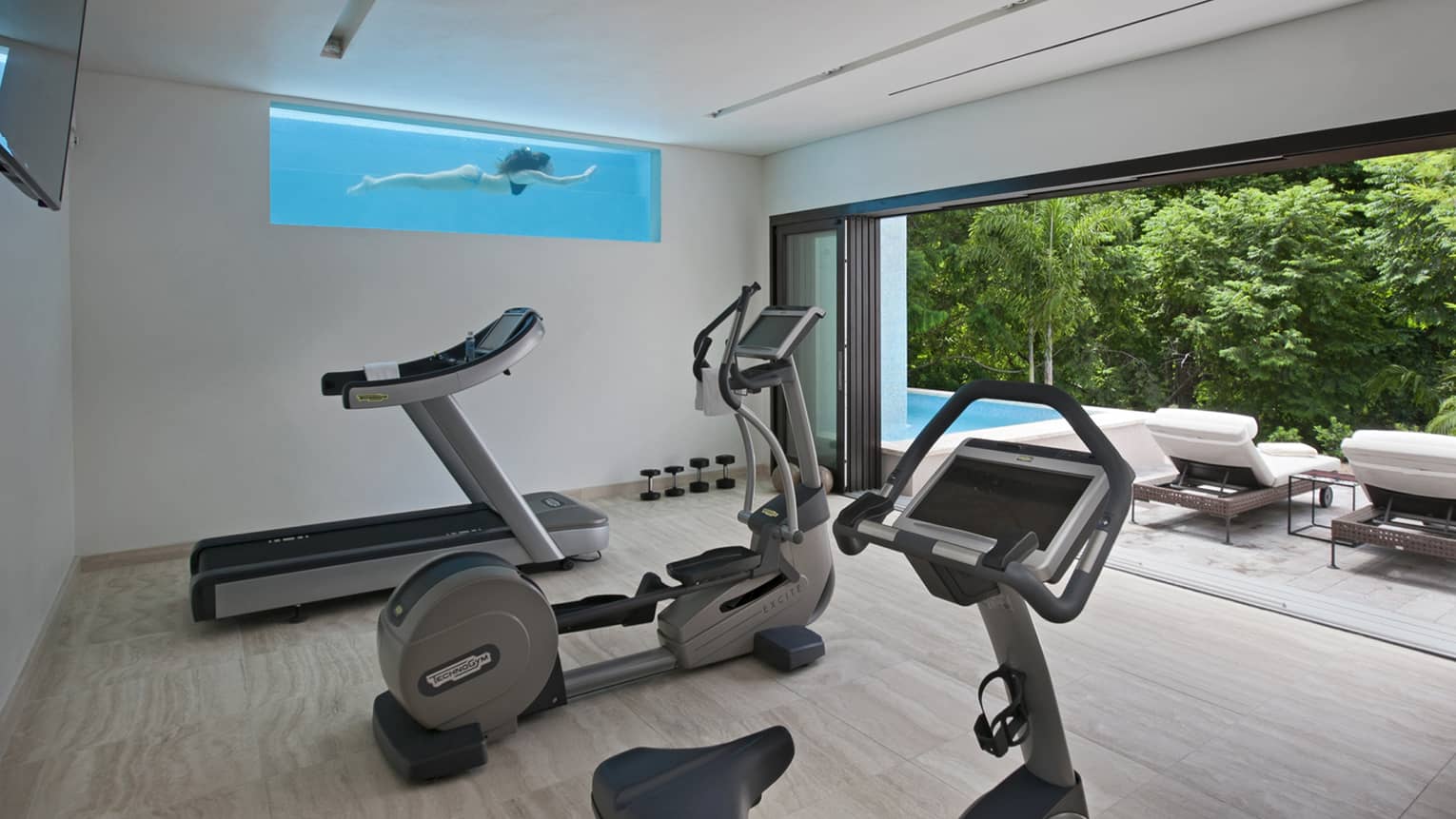 Cardio stationary bike, elliptical treadmill in private fitness room off patio