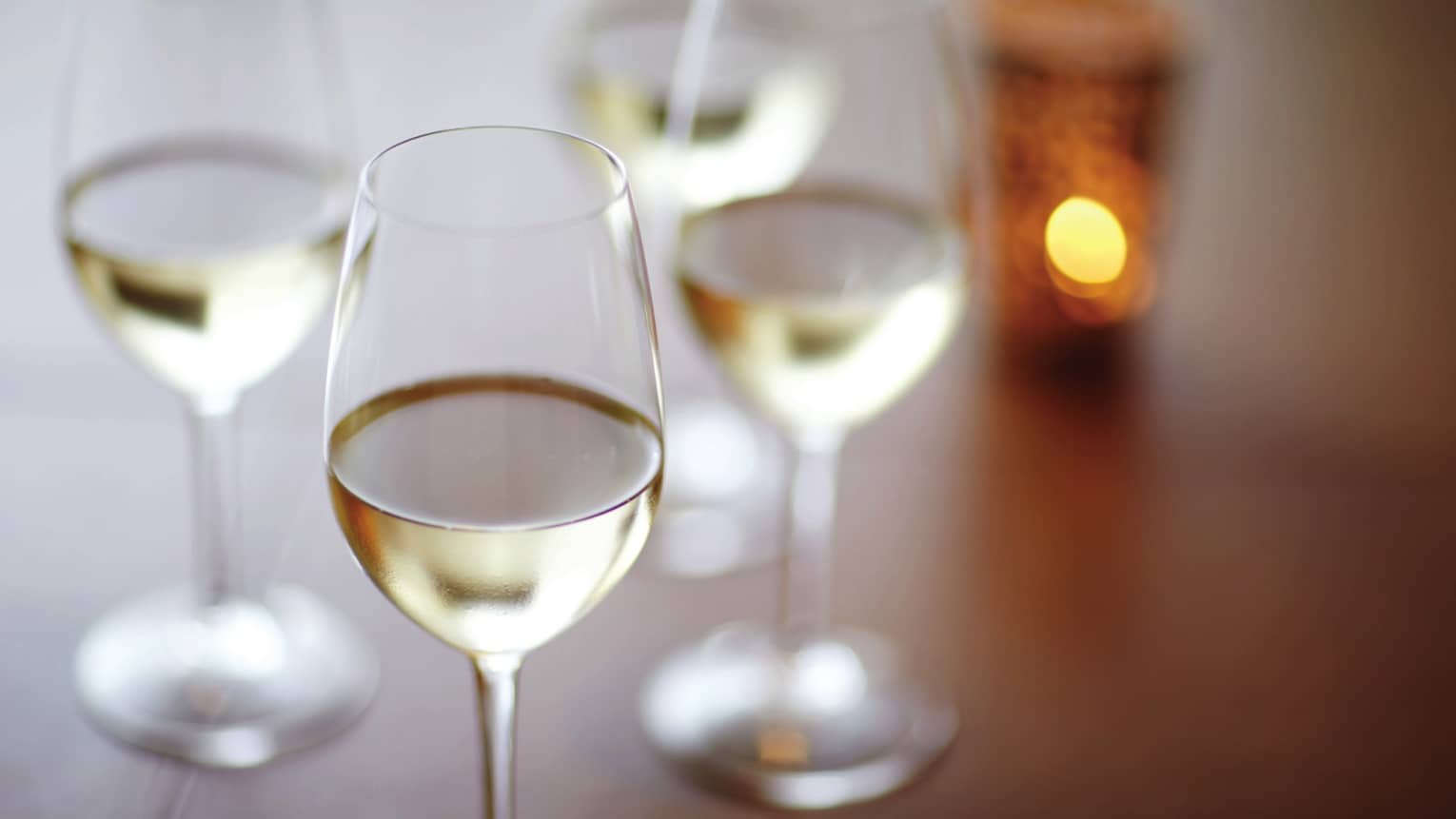 Rows of white wine glasses on table