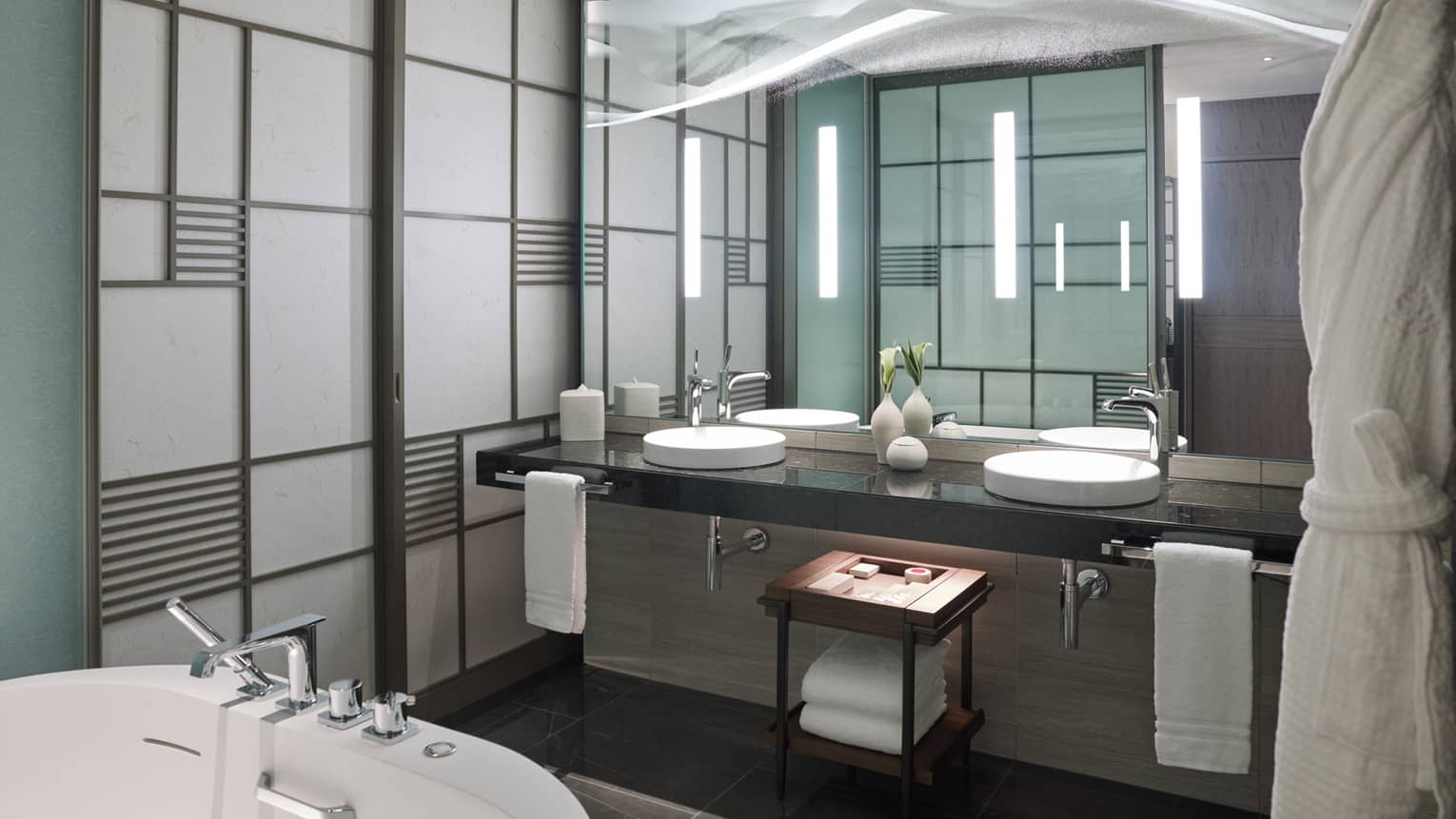 Modern bathroom with a double-sink vanity, large mirror and sleek accent lighting, featuring light-coloured panelled walls
