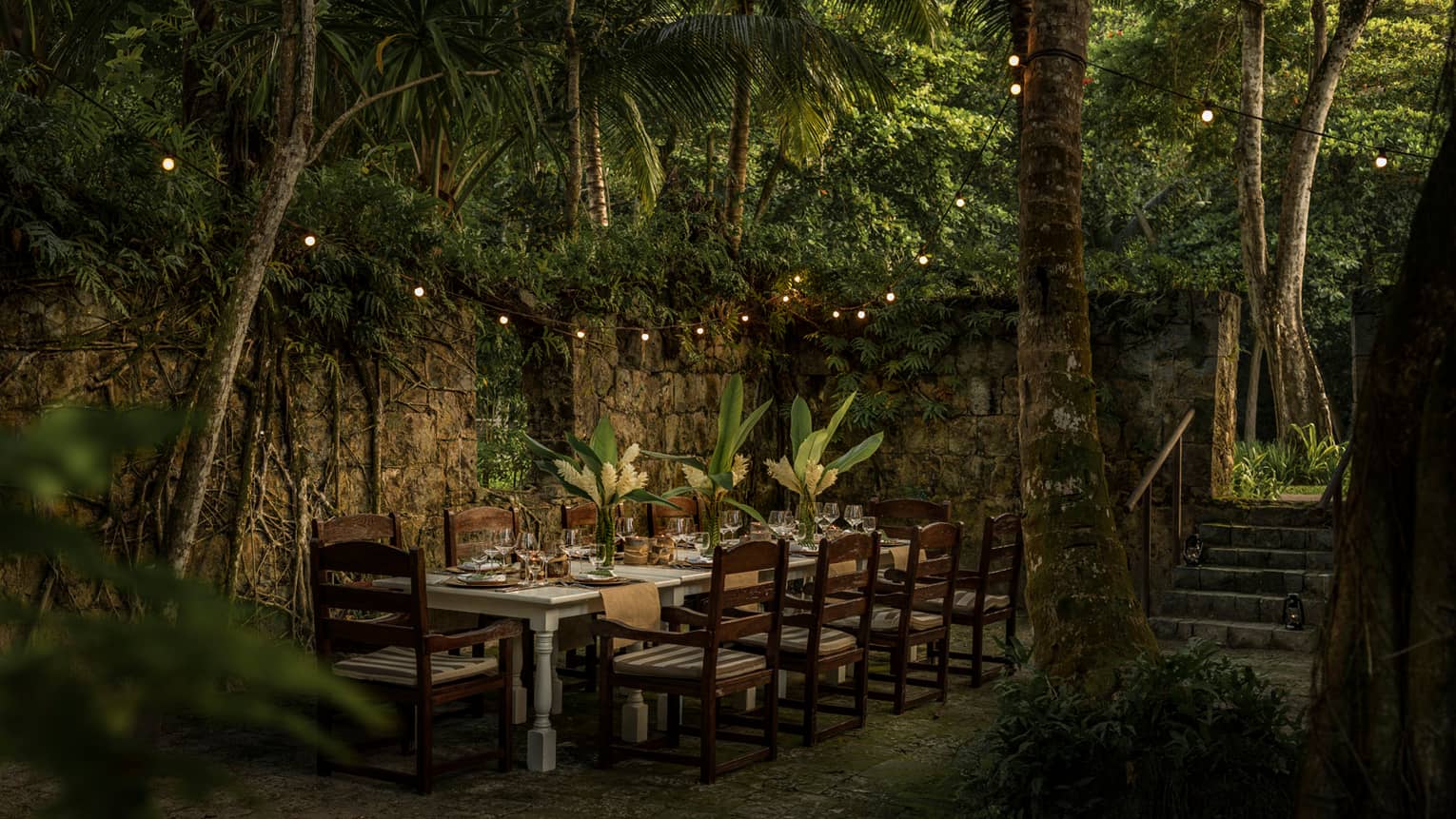 Wooden table with chairs outdoors surrounded by greenery and fairy lights at night