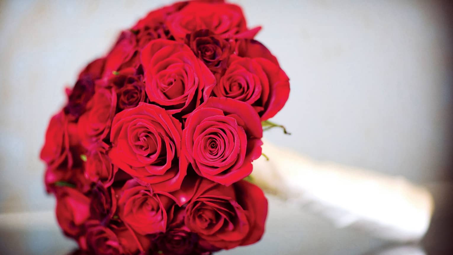 Close-up of top of bouquet of red roses 