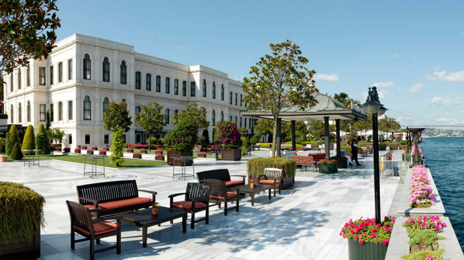Waterfront stone walkway in front of  Istanbul at the Bosphorus hotel by the sea