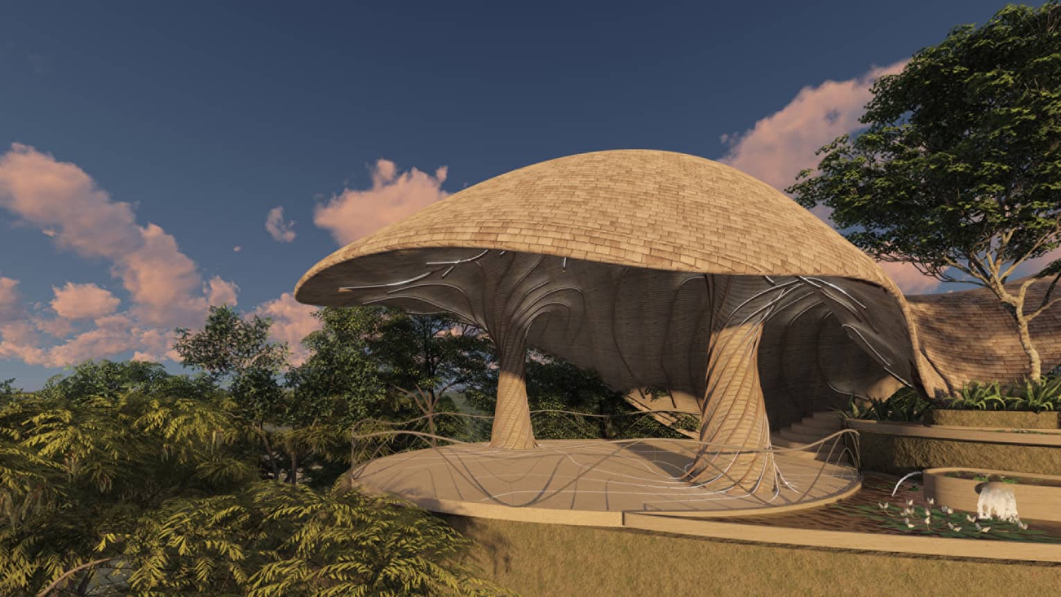 Rendering of yoga deck featuring a bioliphic design