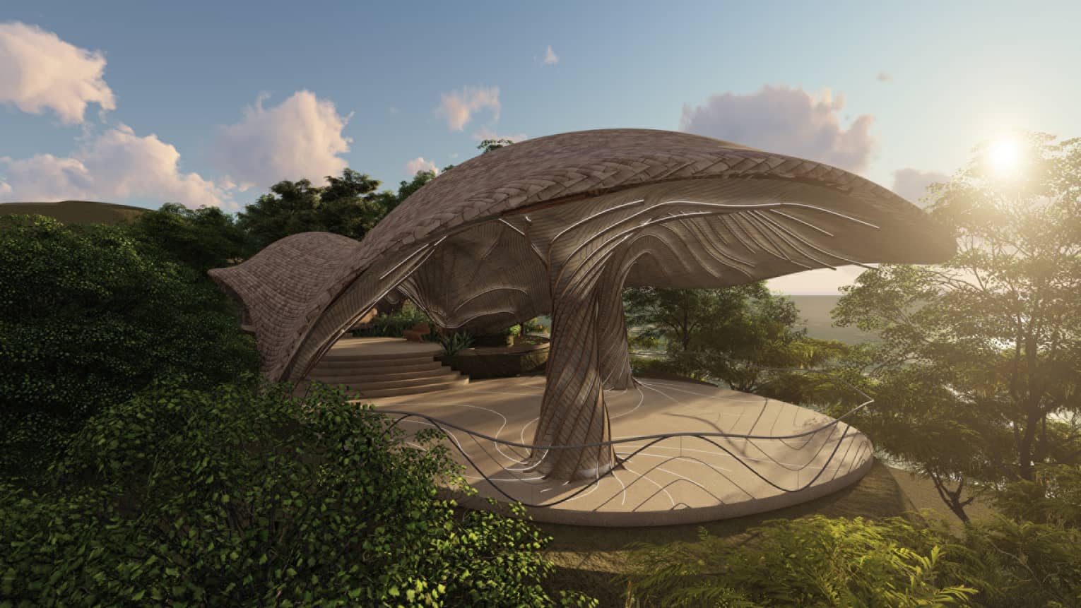 Rendering of a yoga deck featuring an organic, fungi-like roof set on the top of a hill surrounded by greenery