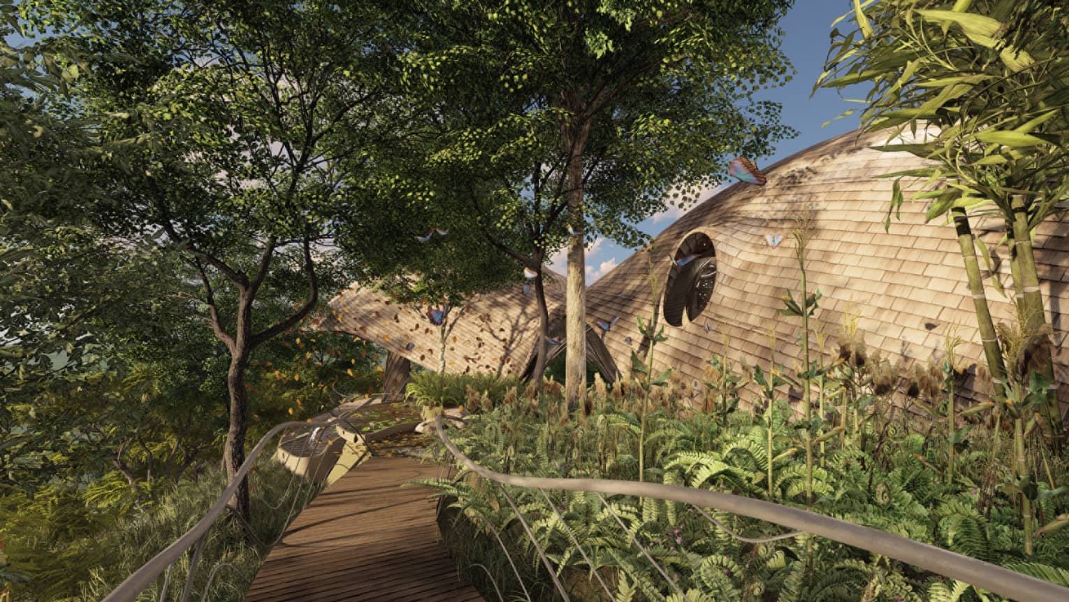 Wooden walkway leading through the surrounding greenery to a bioliphic structure nestled in the trees