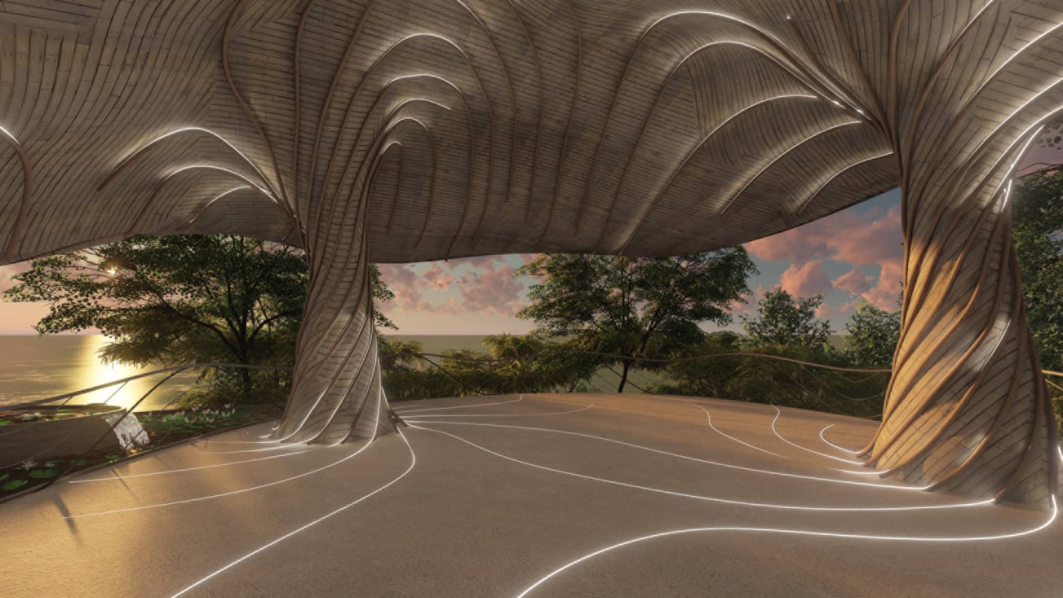 Rendering of interior of new yoga deck that features long, organic lines that flow from the floors to the ceiling