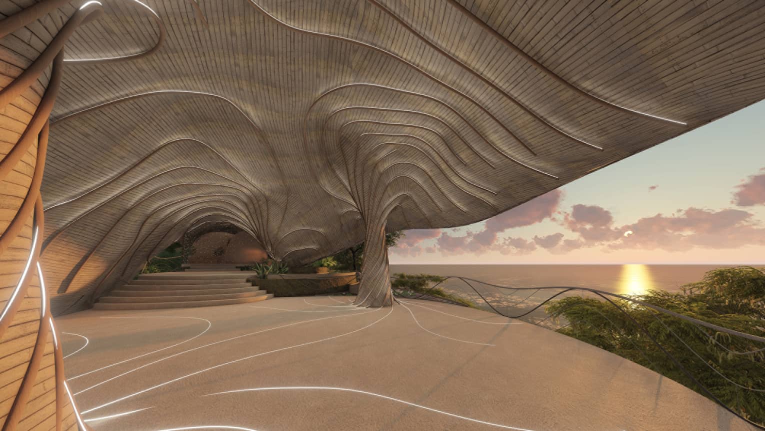 Rendering of yoga deck that features organic lines and fungi-like stems that create an overhanging ceiling