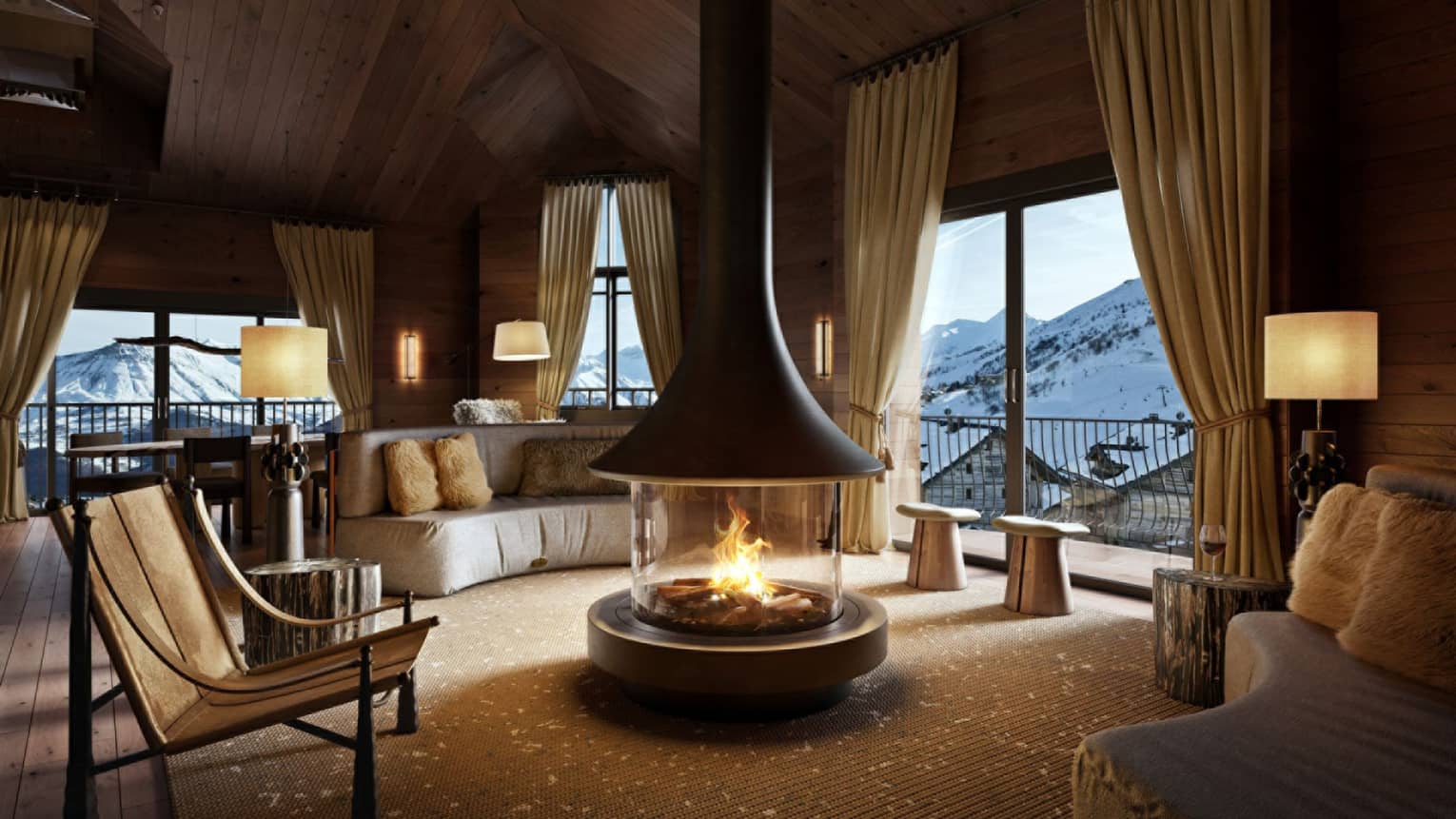 Living room with a fireplace in the centre and large windows with curtains.