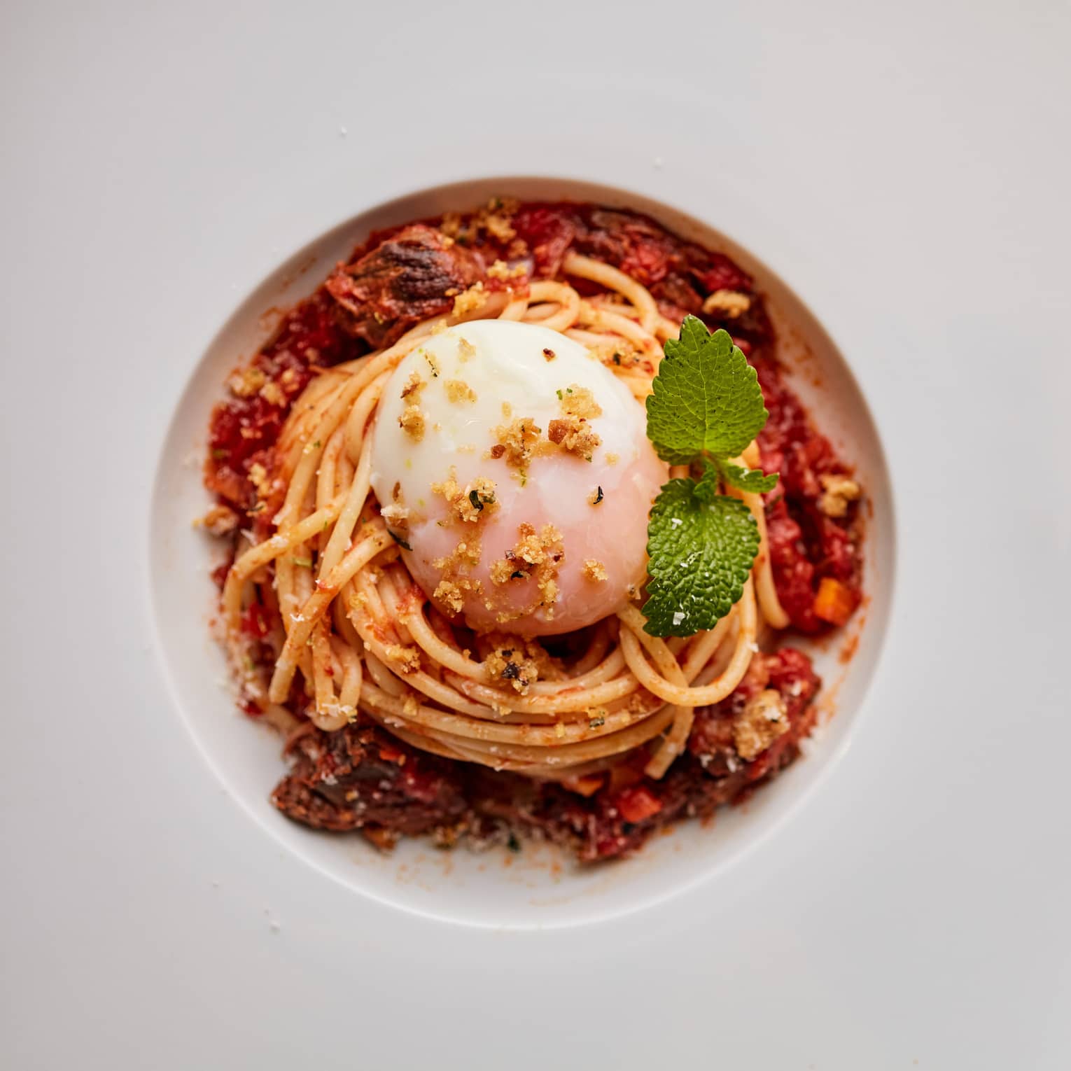 Aerial shot of white bowl with mound of spaghetti and tomato sauce, topped with green herb garnish