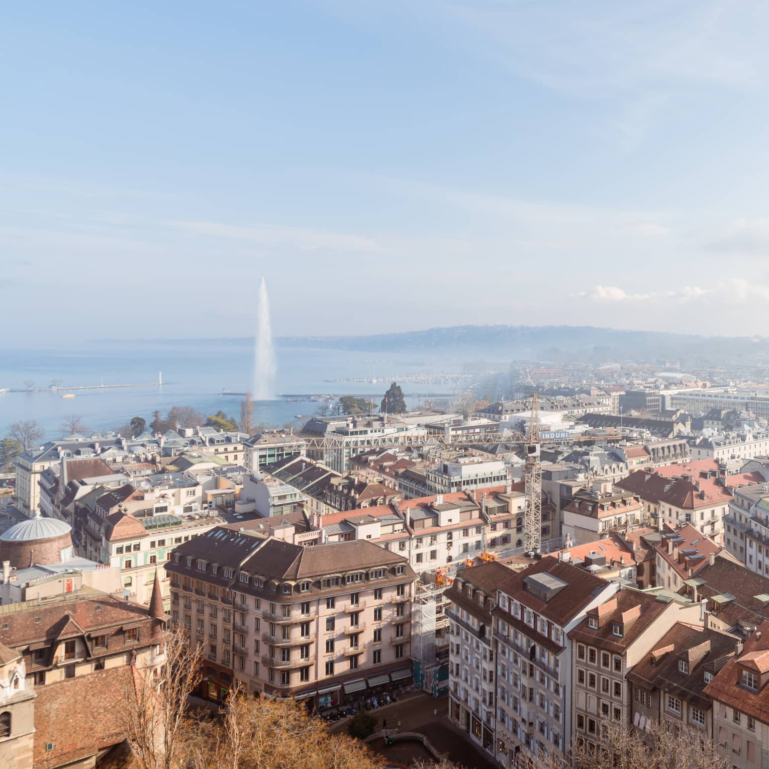 A cityscape with rooftops, buildings and streets, with a large fountain shooting water into the air over a lake in the background under a clear blue sky
