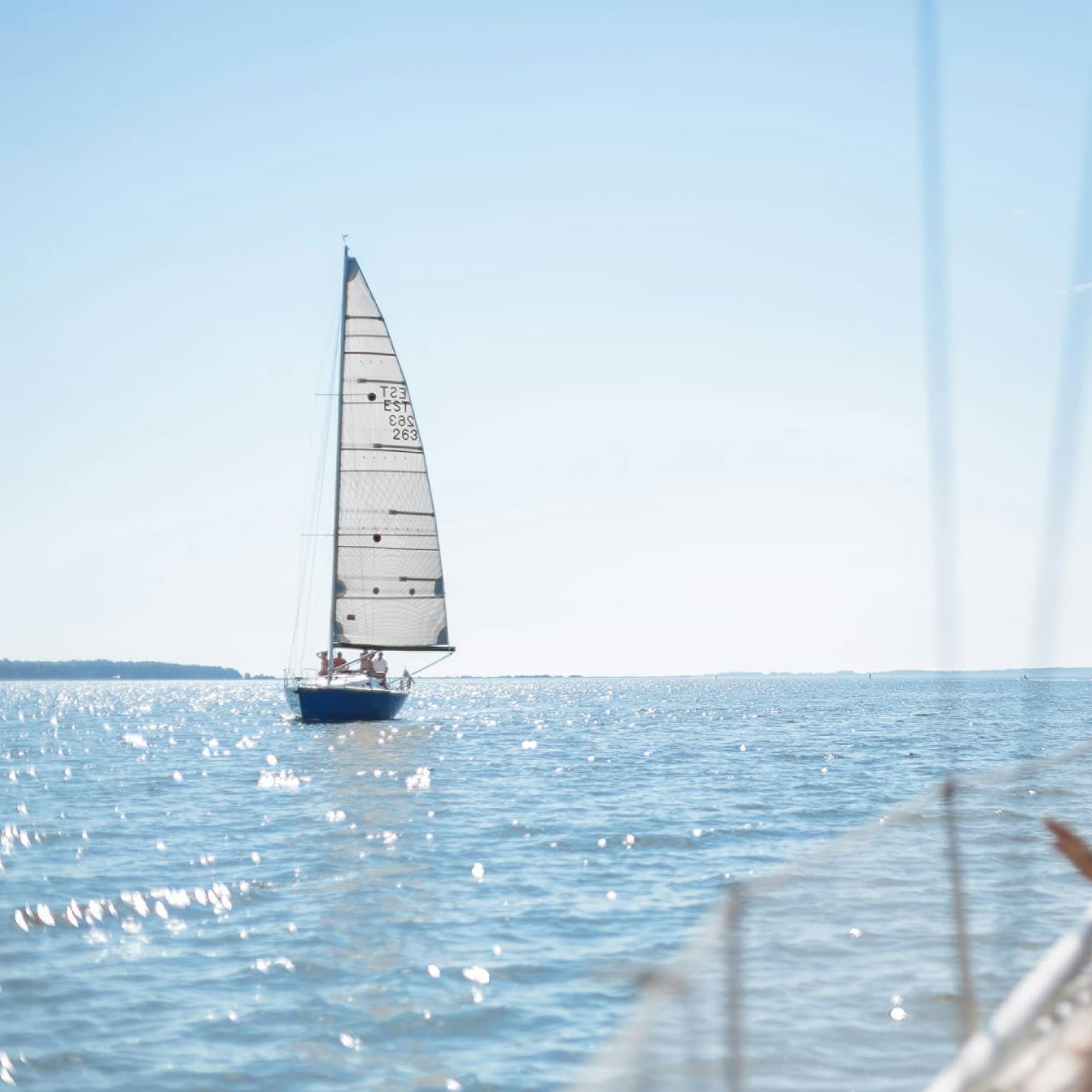 In the foreground, a passenger on the deck of a boat watches a distant sailboat over sparkling water in the bright sun.