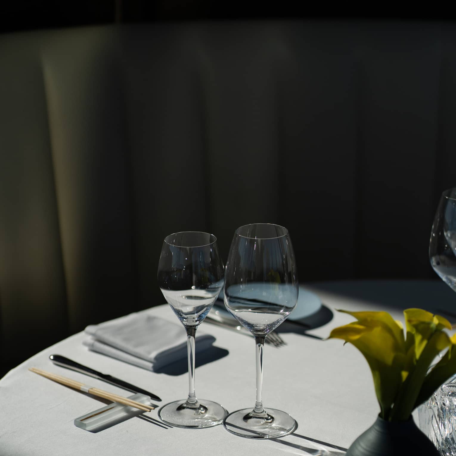 Dining table with two wine glasses and a plant on the table.