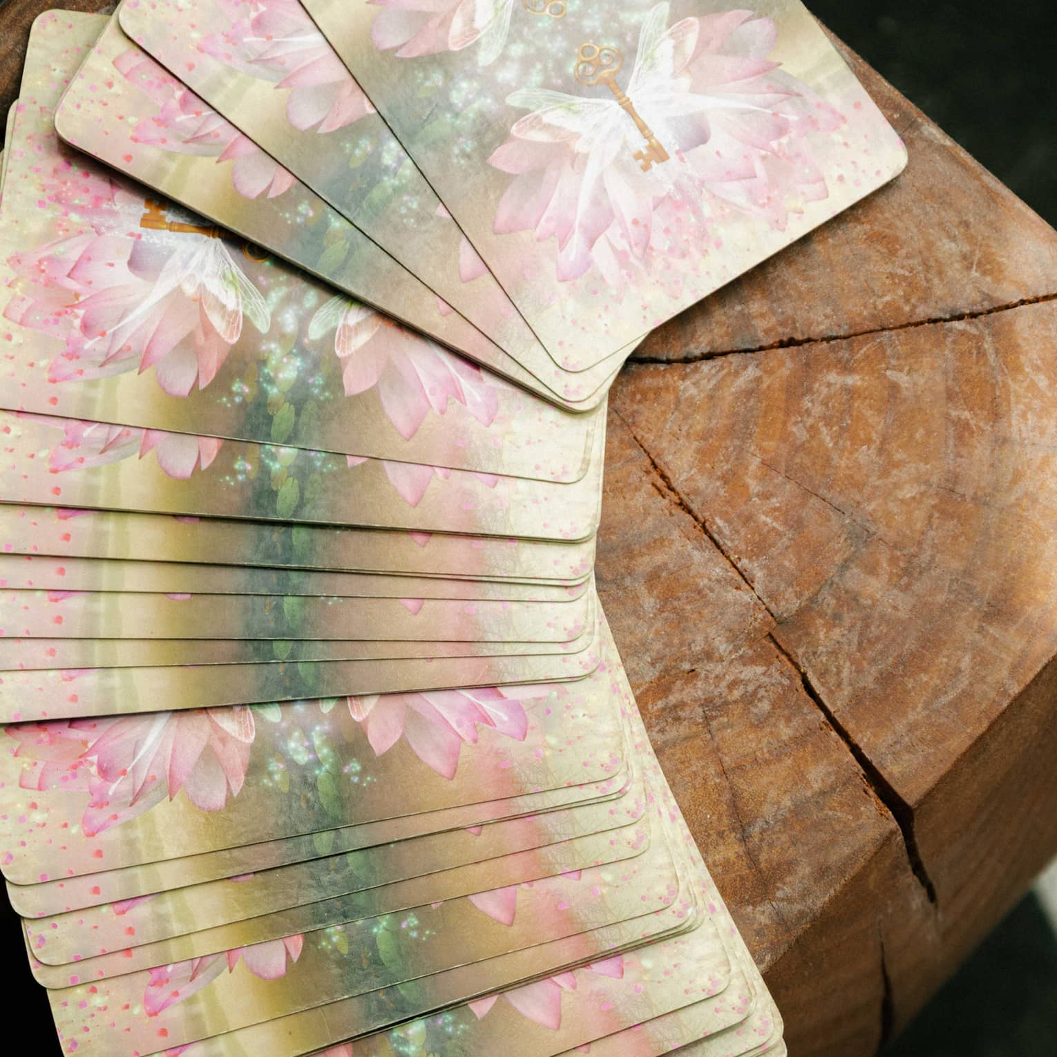 Cards for card reading, displays out on a wooden table