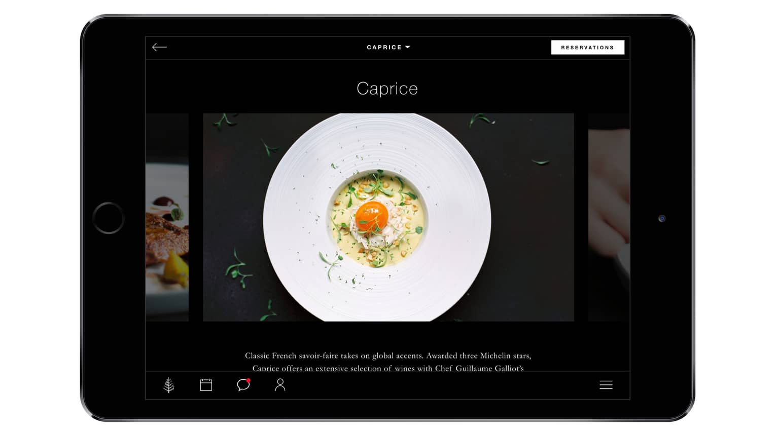Tablet displaying Four Seasons mobile app Caprice restaurant page with photo gallery