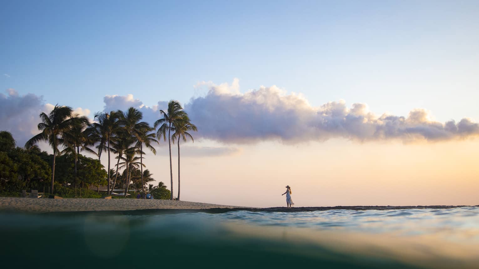 A woman walks along the beach at sunrise with palm trees on the sand