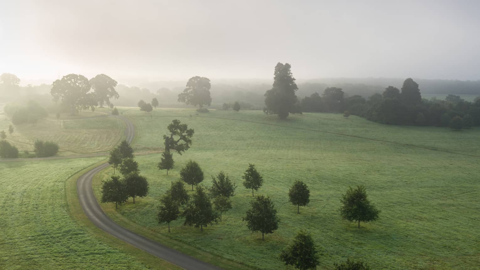 View over misty English countryside, hills dotted with trees