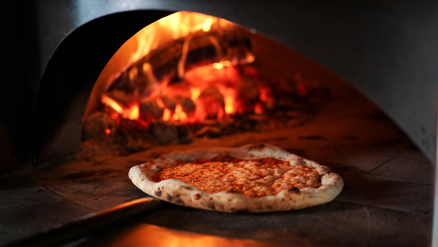 Pizza being pulled out of a wood-fire oven