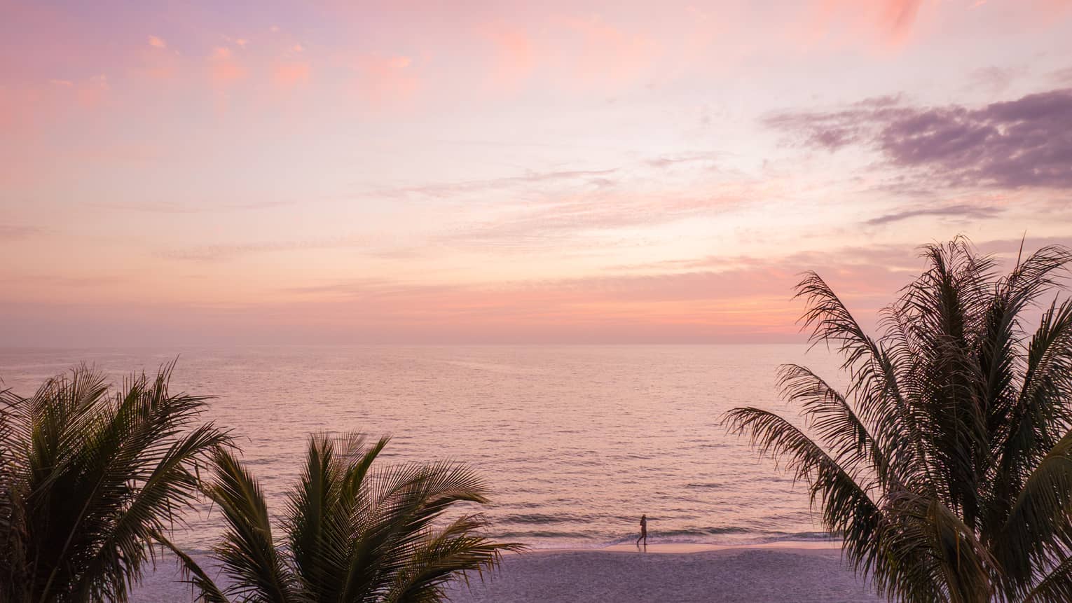 Pink-hued sky over the beach