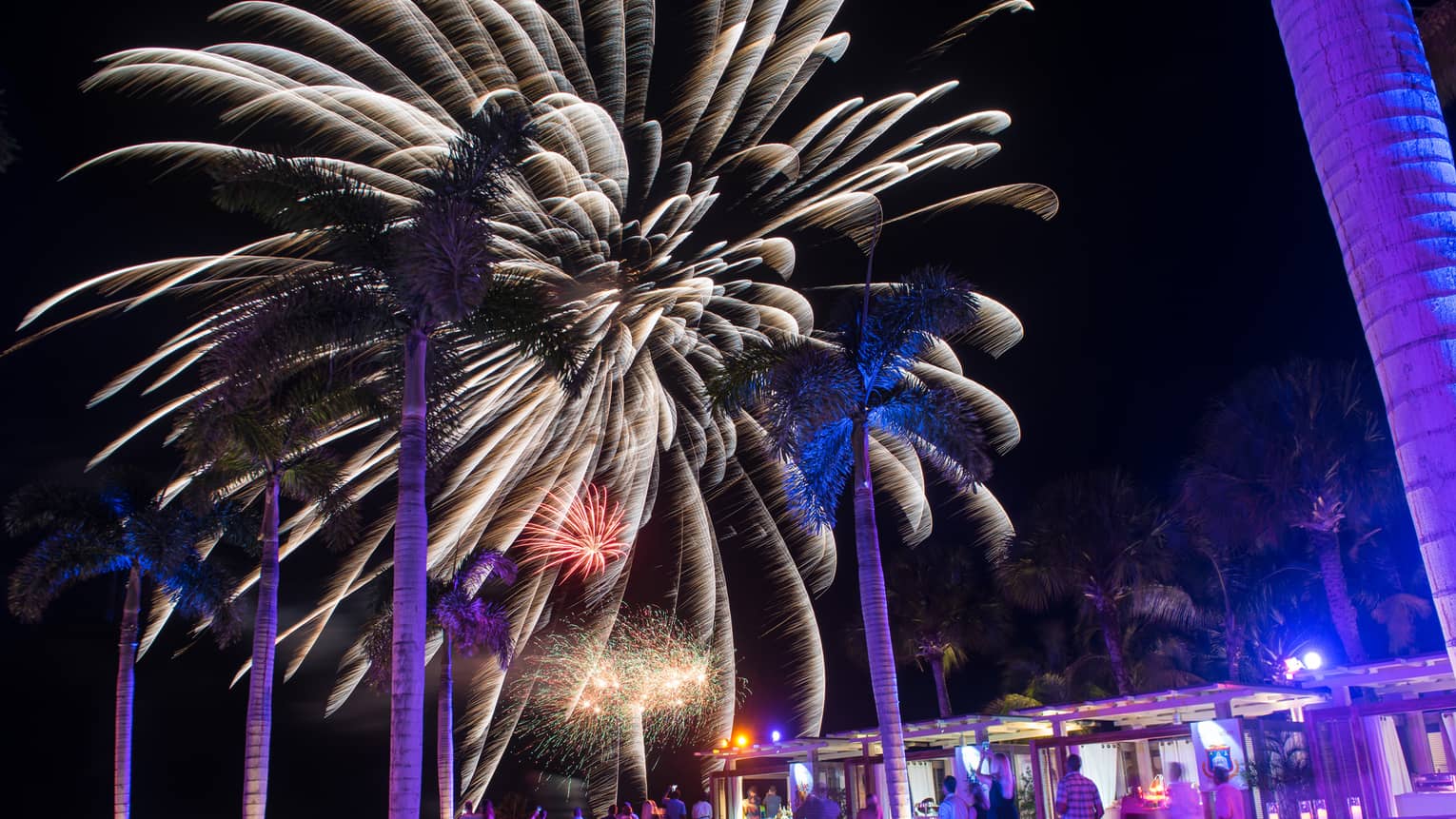 People around resort outdoor pool/bar watching fireworks in the night sky