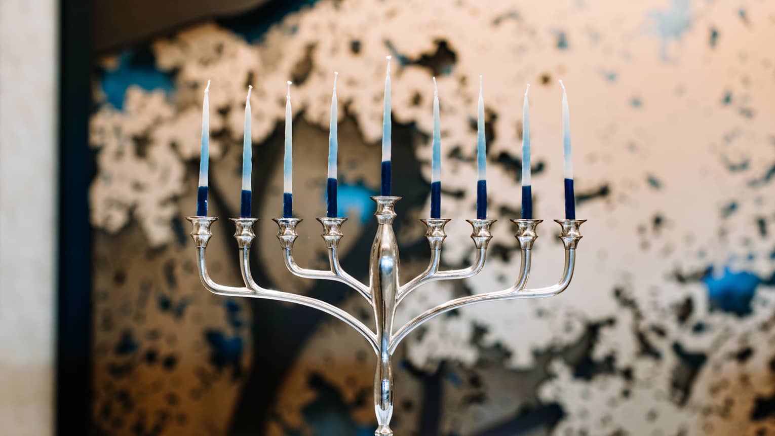 A silver menorah with 9 candles.