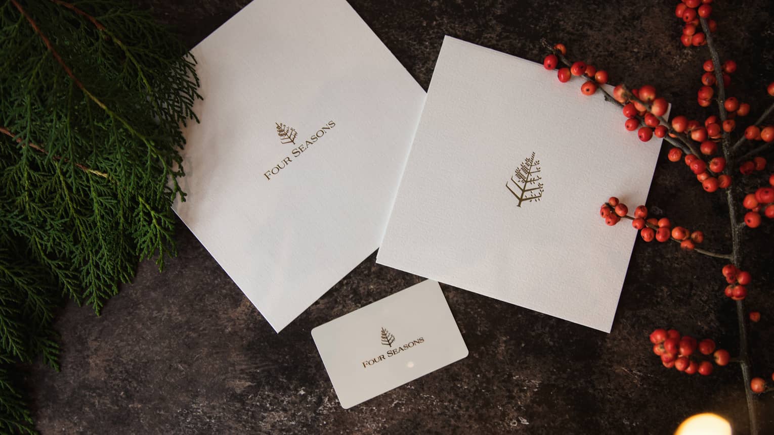 A white envelope, a large white card and a white gift card all with a god Four Seasons tree logo on them are scattered on a slate table