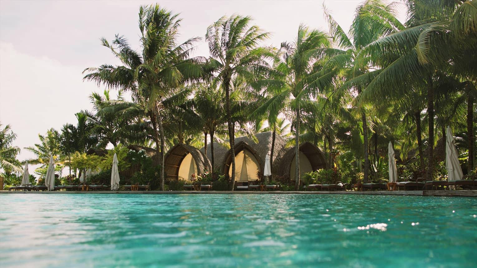 View across water of outdoor swimming pool to patio lounge chairs and umbrellas under palm trees