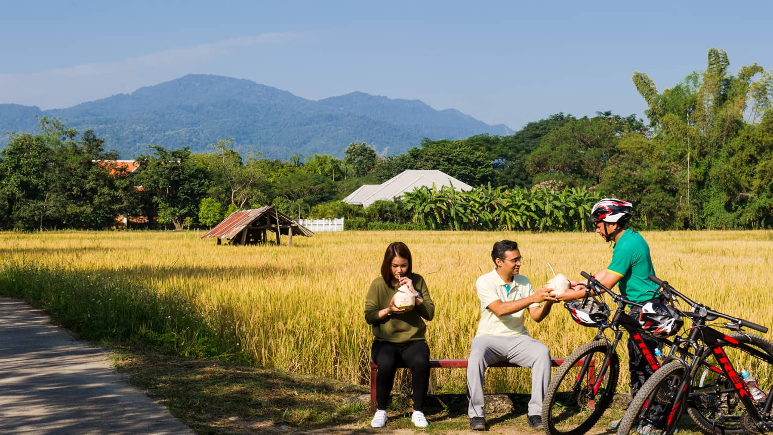 Three mountain bike riders stopped for a rest in a clearing, two seated as a helmeted rider hands a coconut shell cup to one.