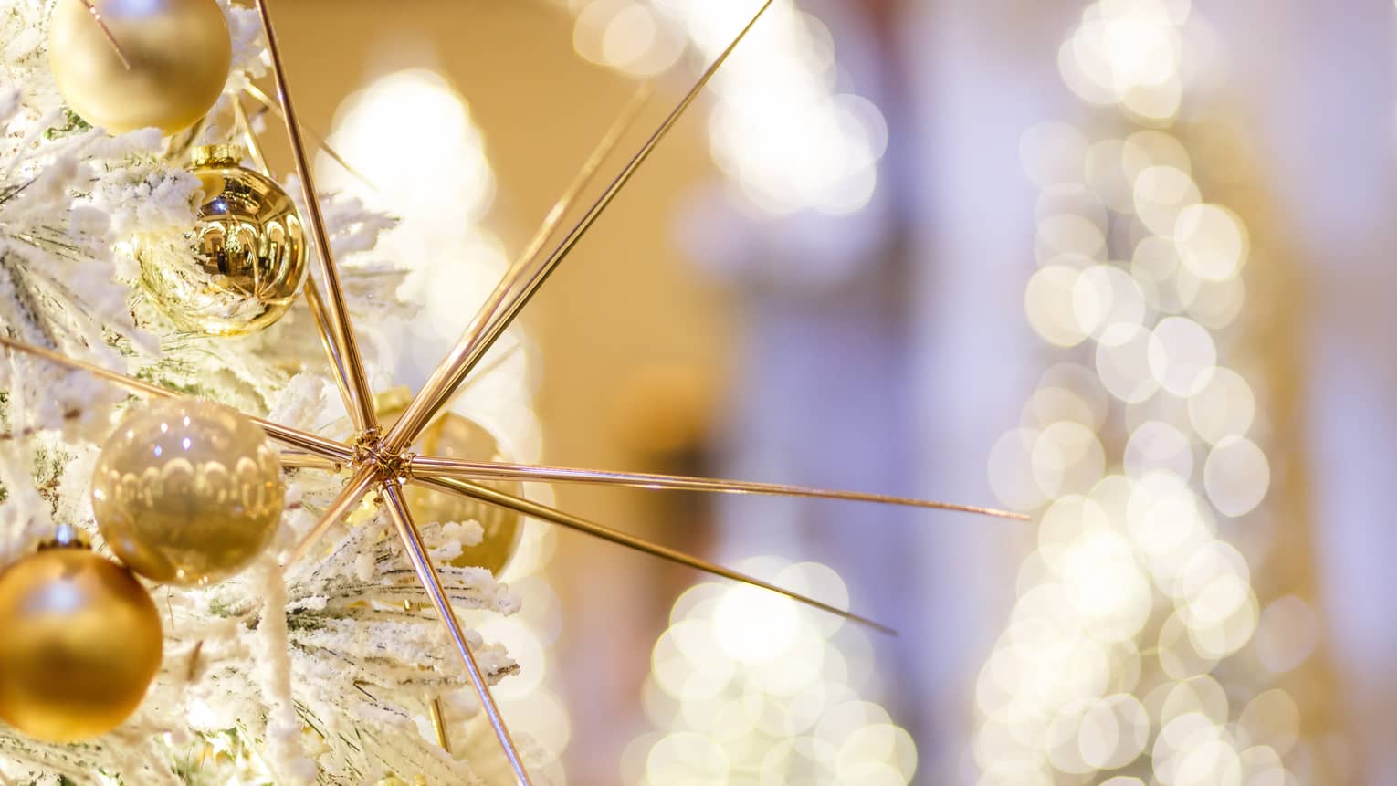 Close up of gold Christmas ornaments in the shape of a sphere and needles.