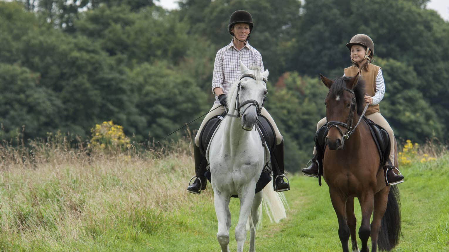 Front view of an adult and child riding horses along a trail in a verdant meadow, a forest of trees in the background.