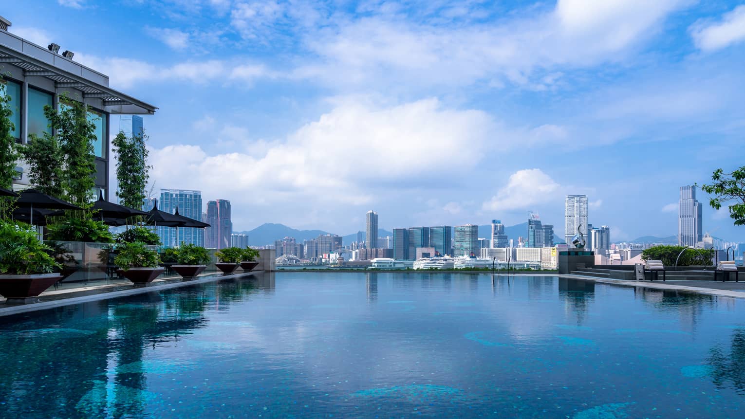 An infinity pool with blue water reflecting the sky, surrounded by potted plants and shaded lounge chairs. A city skyline, including the harbour, is visible.