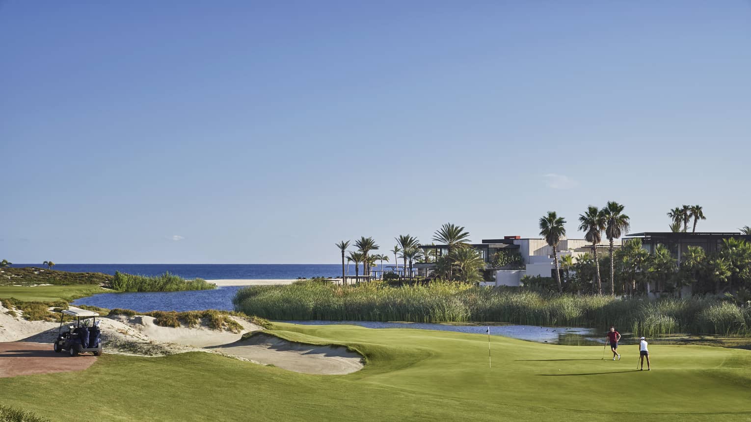 Two golfers putting with the landscape and ocean around them