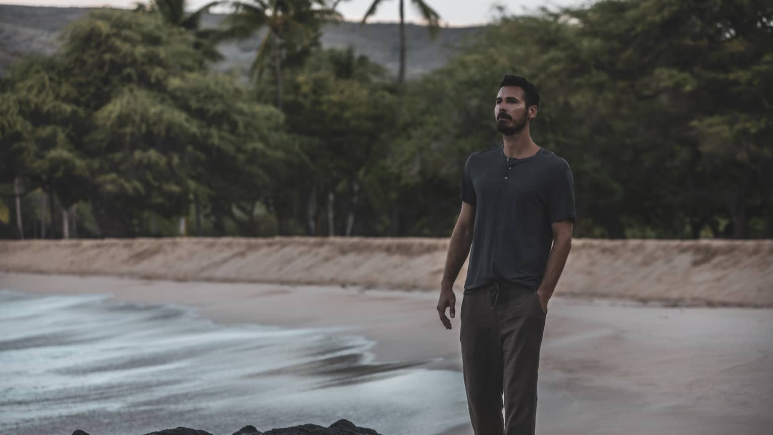 A man walks on a beach in front of a lush tropical forest