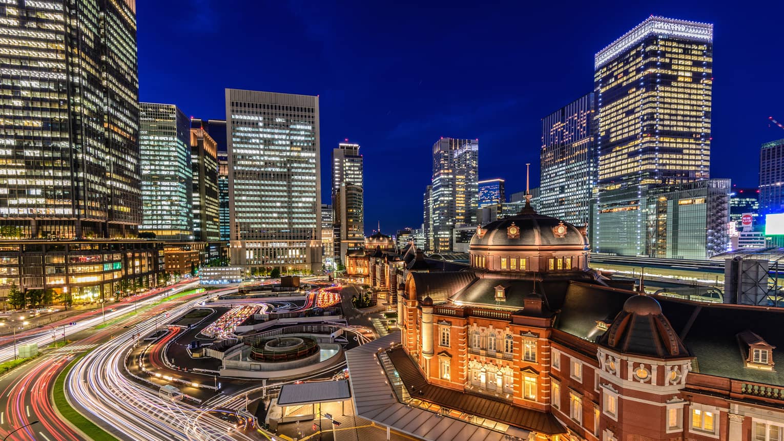 Lights around road, Four Seasons Hotel Tokyo at Marunouchi building, skyscrapers at night