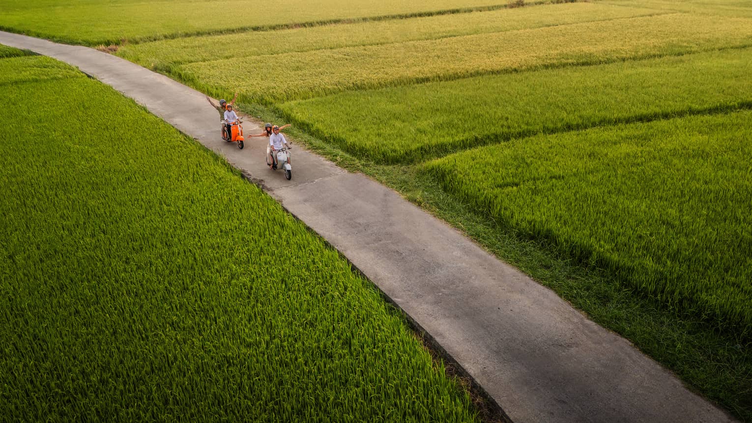 Aerial view of two Vespas, each holding two people, riding through a paved path in the middle of a large green field