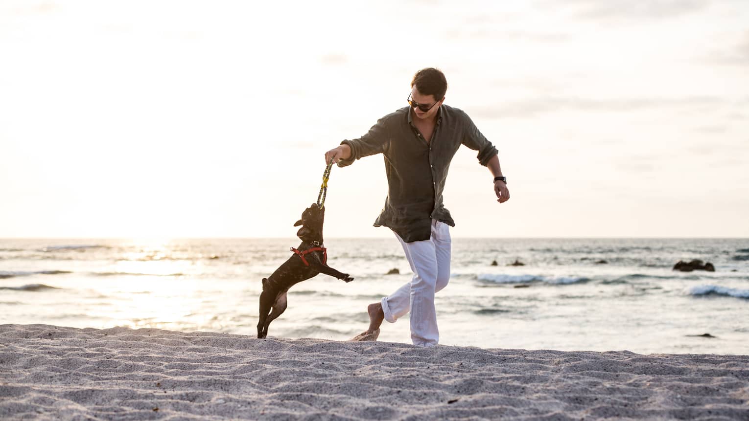 Person wearing white pants and olive-green button down shirt runs on the beach with a dog