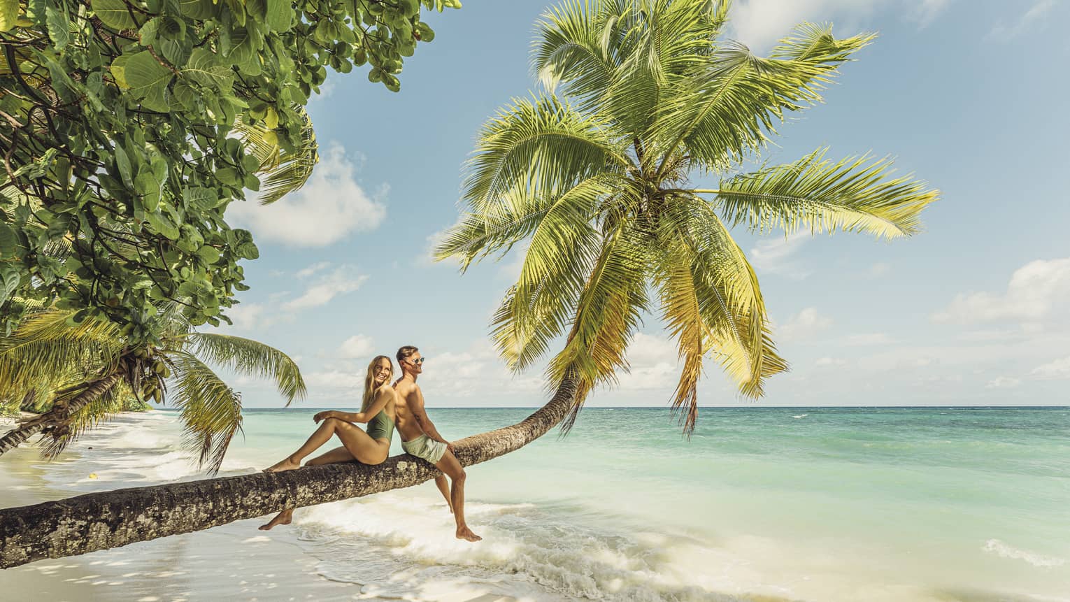 Two people pose back to back on a huge palm trunk stretching over a sandy beach, waves lapping the shore from turquoise sea. 