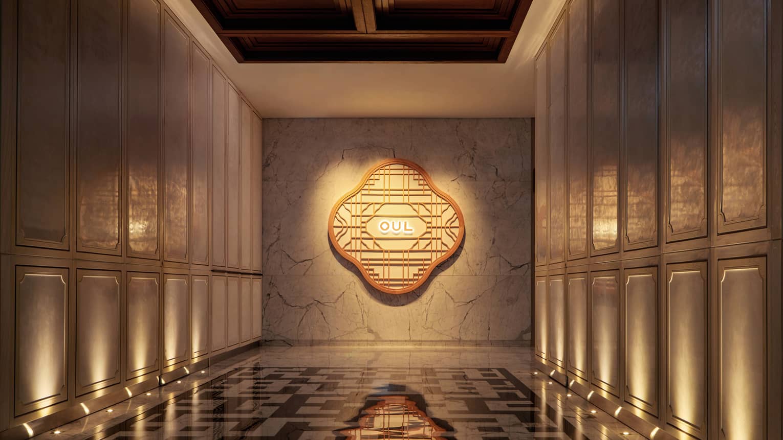 Illuminated hallway and sign for OUL, black-and-white checkered floor