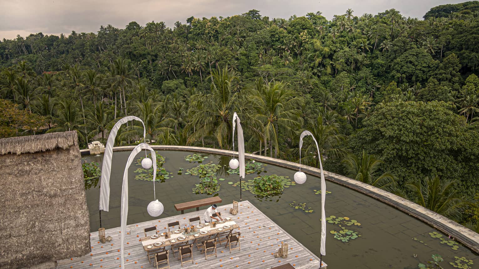 Bird's-eye view of a long table on a deck in a lotus pond, the jungle canopy stretching off into the distance below.