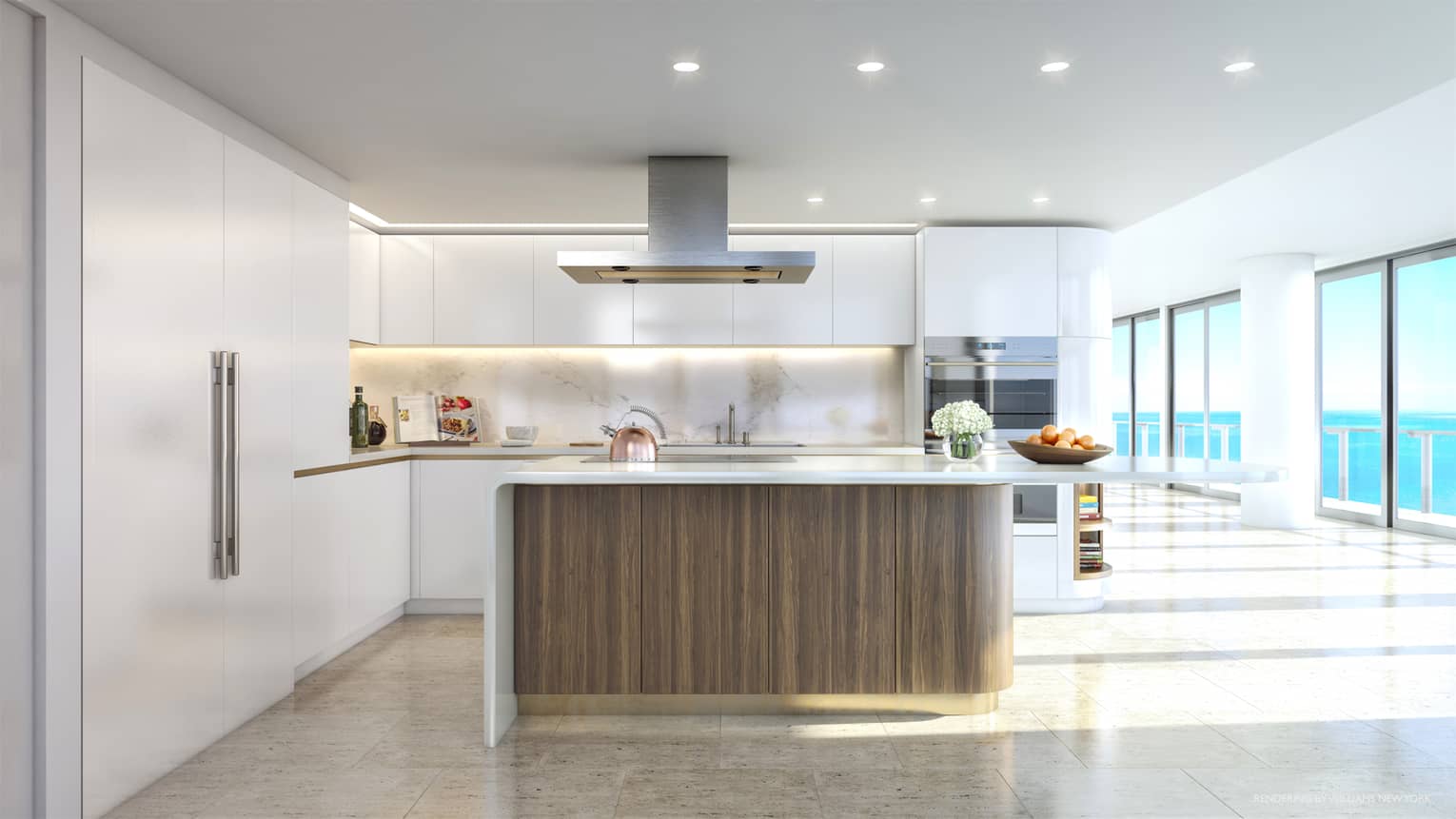 Modern, white residence kitchen, wood panel under island, large windows with ocean views